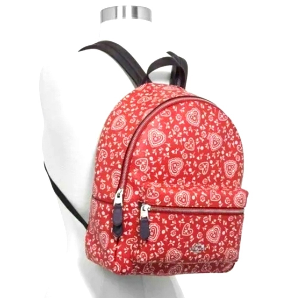 Coach Charlie Red White Lace Hearts‎ Floral Pattern Backpack Bag Work School - Picture 3 of 13